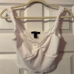 Forever 21 White Ribbed Tank Top with Lace Trim